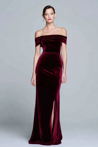 Burgundy Velvet Off the Shoulder Long Holiday Party Dress with Slit
