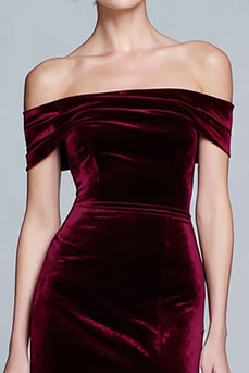 Burgundy Velvet Off the Shoulder Long Holiday Party Dress with Slit