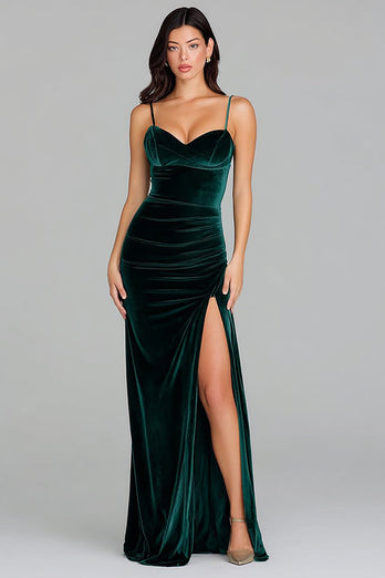 Dark Green Velvet Spaghetti Straps Long Holiday Party Dress with Slit
