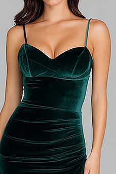Dark Green Velvet Spaghetti Straps Long Holiday Party Dress with Slit