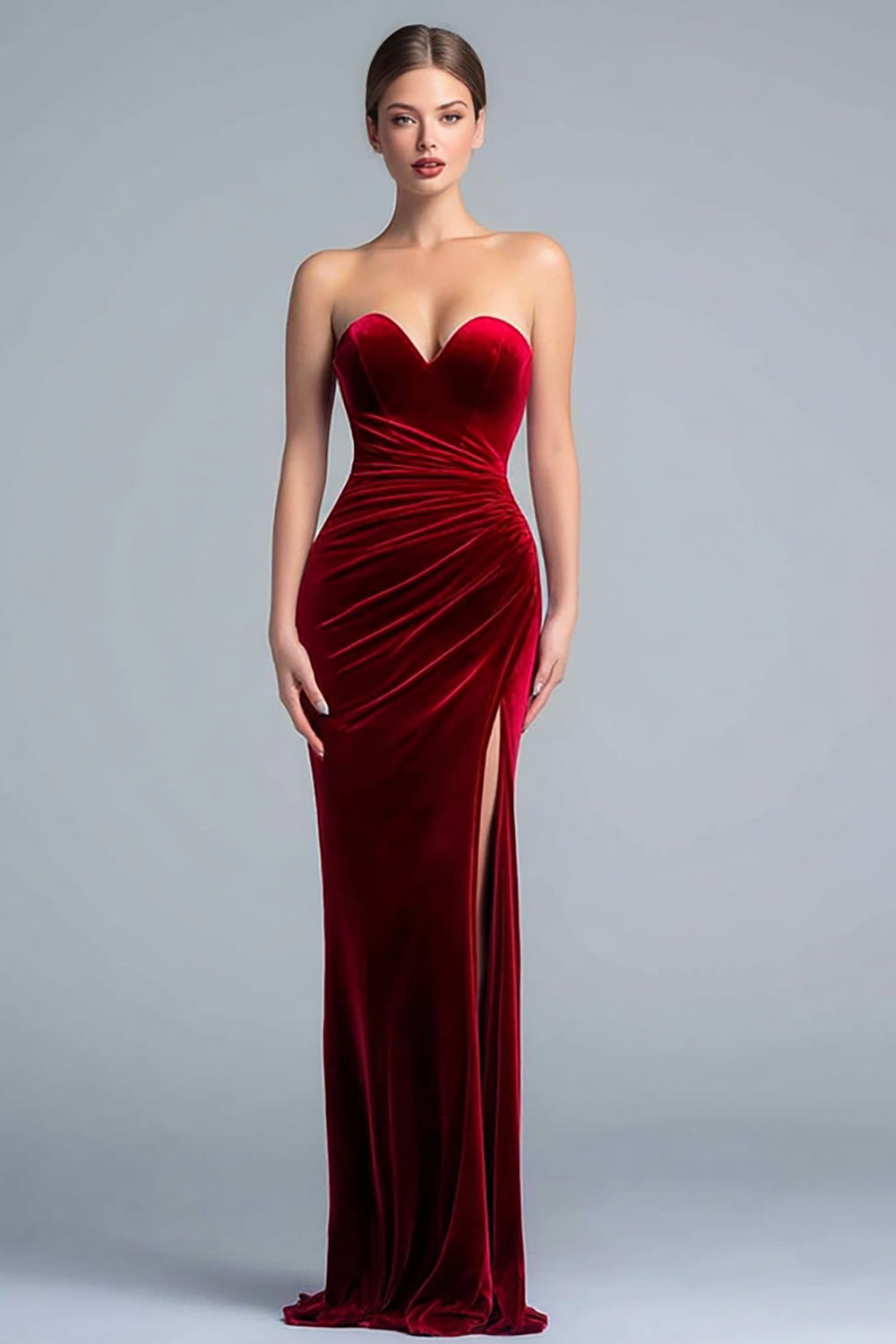Queendancer Women Burgundy Velvet Long Holiday Party Dress with Slit Mermaid Sweetheart Ruched Strapless Formal Dress