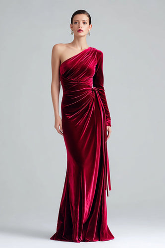 Burgundy Velvet Sheath One Shoulder Long Sleeves Holiday Party Dress
