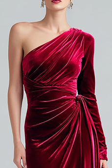 Burgundy Velvet Sheath One Shoulder Long Sleeves Holiday Party Dress