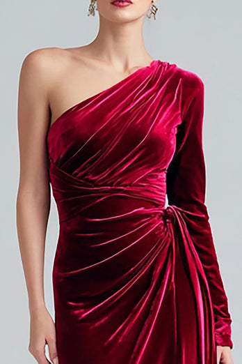 Burgundy Velvet Sheath One Shoulder Long Sleeves Holiday Party Dress