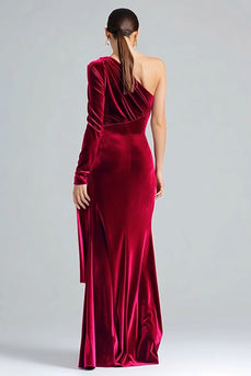 Burgundy Velvet Sheath One Shoulder Long Sleeves Holiday Party Dress
