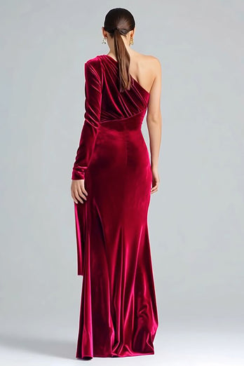 Burgundy Velvet Sheath One Shoulder Long Sleeves Holiday Party Dress