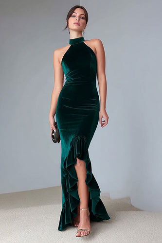 Dark Green Velvet Halter Ruffled Long Holiday Party Dress with Slit