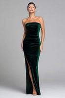 Load image into Gallery viewer, Dark Green Velvet Strapless Mermaid Long Holiday Party Dress with Slit