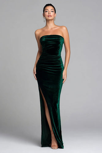 Dark Green Velvet Strapless Mermaid Long Holiday Party Dress with Slit