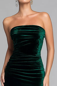 Dark Green Velvet Strapless Mermaid Long Holiday Party Dress with Slit