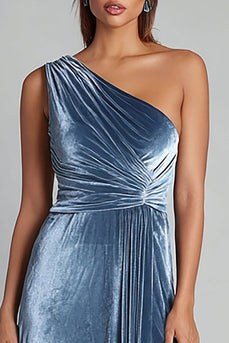 Dusty Blue Velvet One Shoulder Ruched Long Holiday Party Dress with Slit