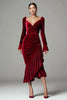 Load image into Gallery viewer, Burgundy Velvet Mermaid Ruched Holiday Party Dress with Ruffles