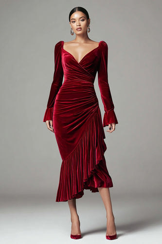 Burgundy Velvet Mermaid Ruched Holiday Party Dress with Ruffles