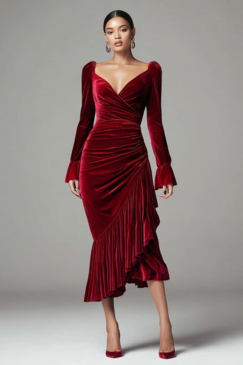Burgundy Velvet Mermaid Ruched Holiday Party Dress with Ruffles