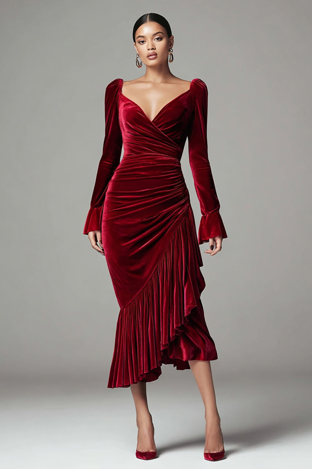 Burgundy Velvet Mermaid Ruched Holiday Party Dress with Ruffles