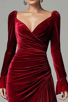 Load image into Gallery viewer, Burgundy Velvet Mermaid Ruched Holiday Party Dress with Ruffles