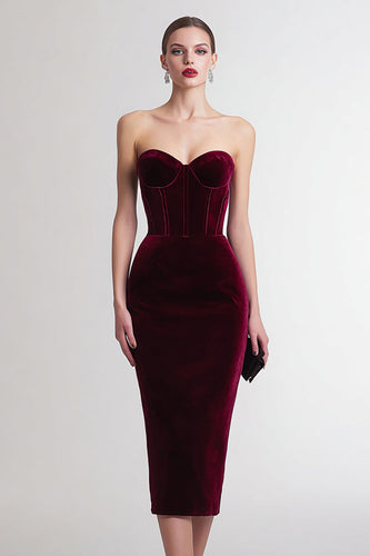 Burgundy Velvet Sweetheart Bodycon Midi Corset Holiday Party Dress