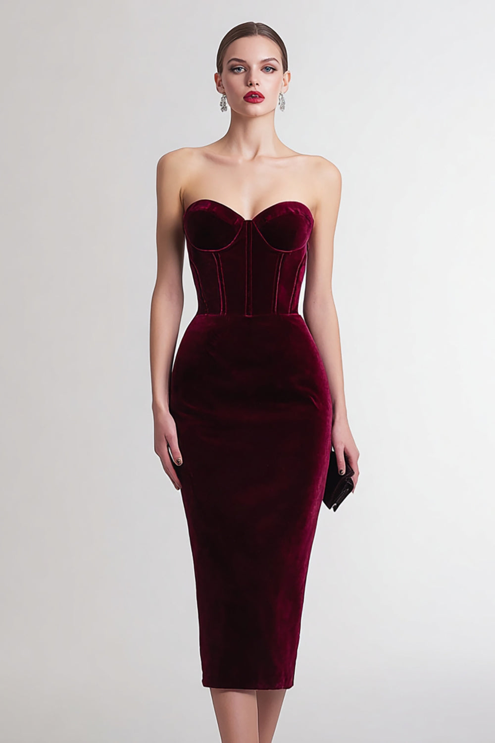 Burgundy Velvet Sweetheart Bodycon Midi Corset Holiday Party Dress