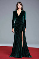Load image into Gallery viewer, Dark Green V-Neck Velvet Long Sleeves Holiday Party Dress with Slit