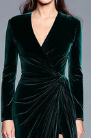 Load image into Gallery viewer, Dark Green V-Neck Velvet Long Sleeves Holiday Party Dress with Slit