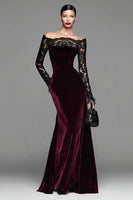 Load image into Gallery viewer, Burgundy Mermaid Velvet Long Sleeves Holiday Party Dress with Lace