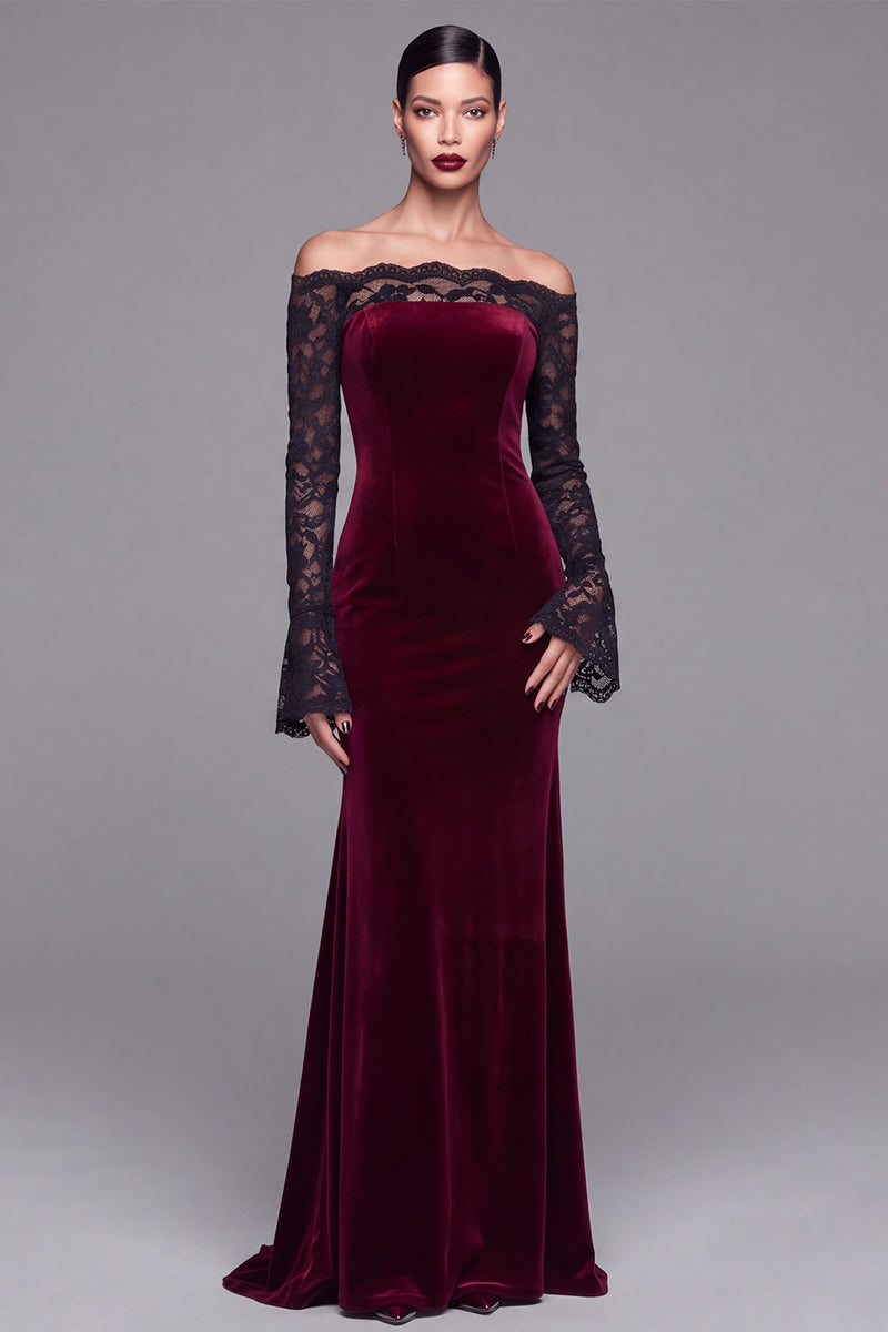 Load image into Gallery viewer, Burgundy Velvet Mermaid Long Sleeves Holiday Party Dress with Lace