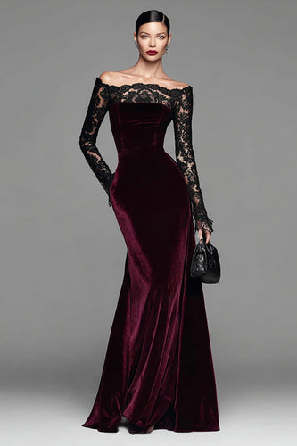 Burgundy Mermaid Velvet Long Sleeves Holiday Party Dress with Lace