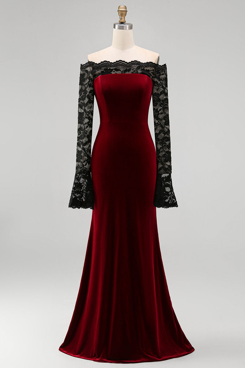 Load image into Gallery viewer, Burgundy Velvet Mermaid Long Sleeves Holiday Party Dress with Lace