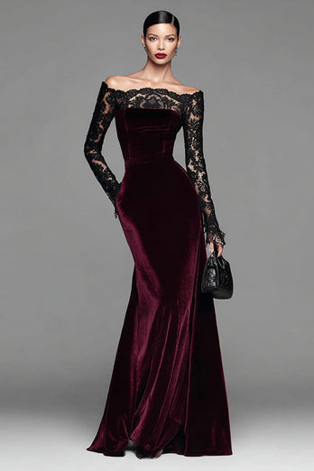 Burgundy Mermaid Velvet Long Sleeves Holiday Party Dress with Lace