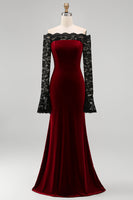 Load image into Gallery viewer, Plus Size Burgundy Velvet Off the Shoulder Long Mermaid Holiday Party Dress with Lace