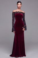 Load image into Gallery viewer, Plus Size Burgundy Velvet Off the Shoulder Long Mermaid Holiday Party Dress with Lace