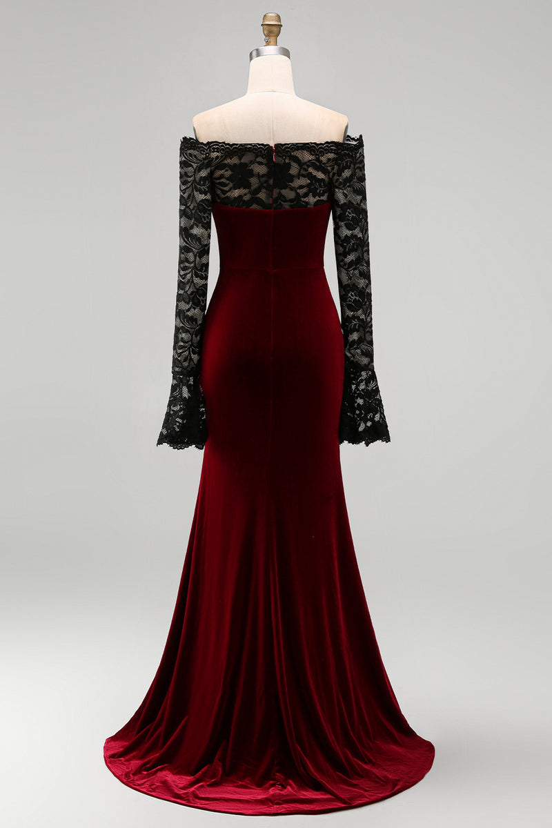 Load image into Gallery viewer, Plus Size Burgundy Velvet Off the Shoulder Long Mermaid Holiday Party Dress with Lace