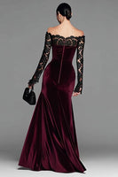 Load image into Gallery viewer, Burgundy Mermaid Velvet Long Sleeves Holiday Party Dress with Lace