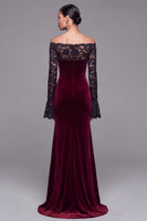 Load image into Gallery viewer, Burgundy Velvet Mermaid Long Sleeves Holiday Party Dress with Lace