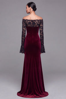 Burgundy Velvet Mermaid Long Sleeves Holiday Party Dress with Lace