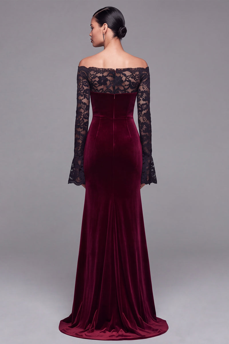 Load image into Gallery viewer, Burgundy Velvet Mermaid Long Sleeves Holiday Party Dress with Lace