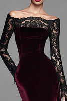 Load image into Gallery viewer, Burgundy Mermaid Velvet Long Sleeves Holiday Party Dress with Lace