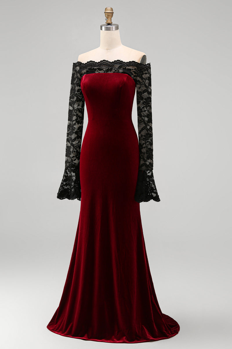 Load image into Gallery viewer, Plus Size Burgundy Velvet Off the Shoulder Long Mermaid Holiday Party Dress with Lace