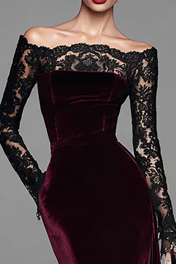 Burgundy Mermaid Velvet Long Sleeves Holiday Party Dress with Lace