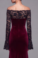 Load image into Gallery viewer, Burgundy Velvet Mermaid Long Sleeves Holiday Party Dress with Lace