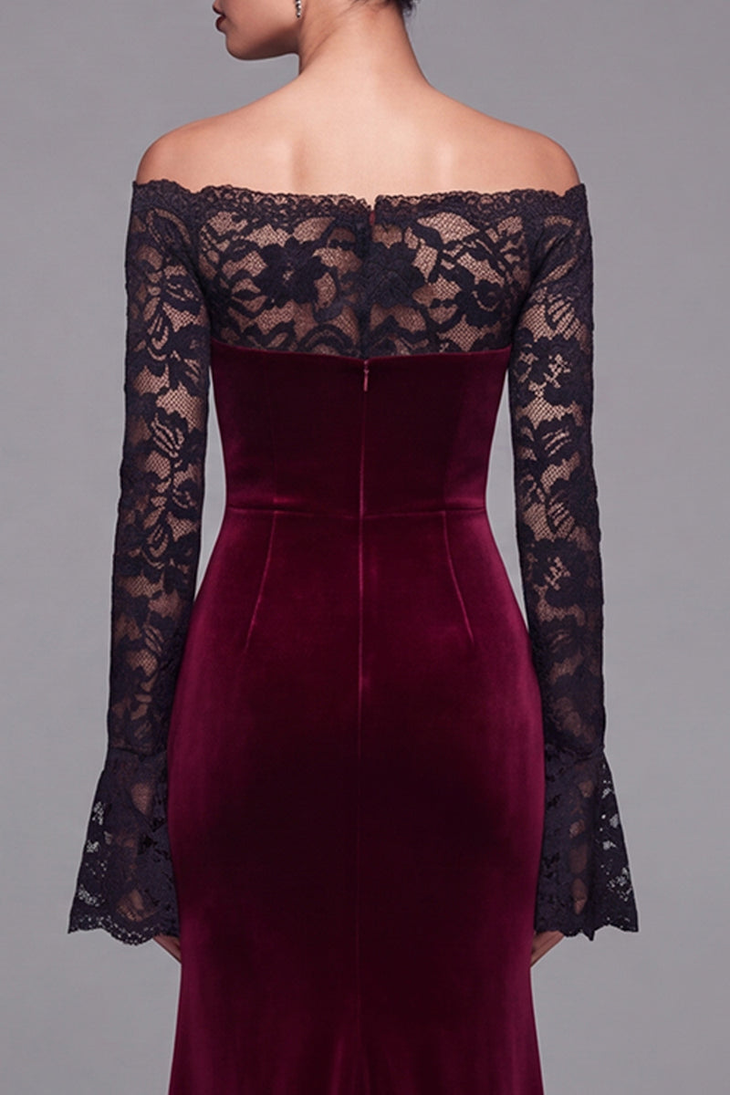 Load image into Gallery viewer, Burgundy Velvet Mermaid Long Sleeves Holiday Party Dress with Lace