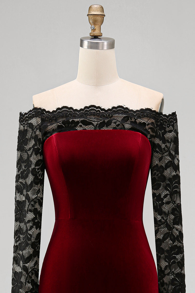 Load image into Gallery viewer, Plus Size Burgundy Velvet Off the Shoulder Long Mermaid Holiday Party Dress with Lace