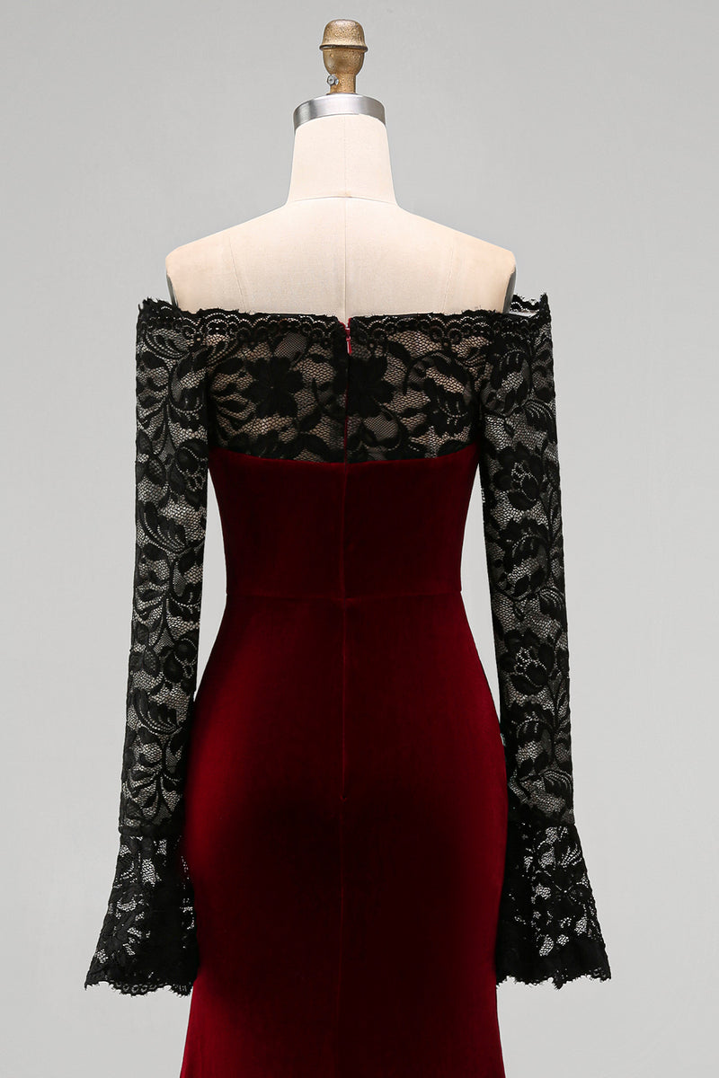 Load image into Gallery viewer, Burgundy Velvet Mermaid Long Sleeves Holiday Party Dress with Lace
