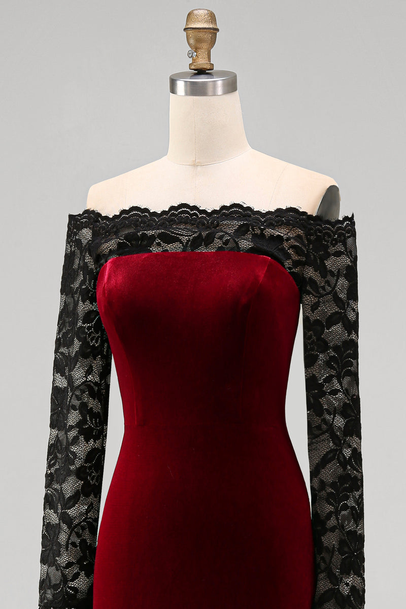 Load image into Gallery viewer, Plus Size Burgundy Velvet Off the Shoulder Long Mermaid Holiday Party Dress with Lace