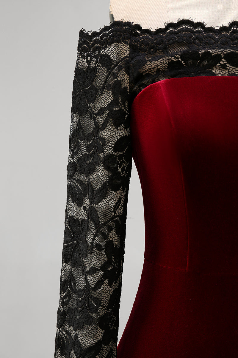 Load image into Gallery viewer, Plus Size Burgundy Velvet Off the Shoulder Long Mermaid Holiday Party Dress with Lace
