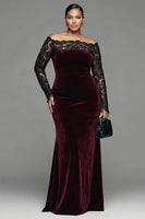 Load image into Gallery viewer, Burgundy Velvet Mermaid Long Sleeves Holiday Party Dress with Lace