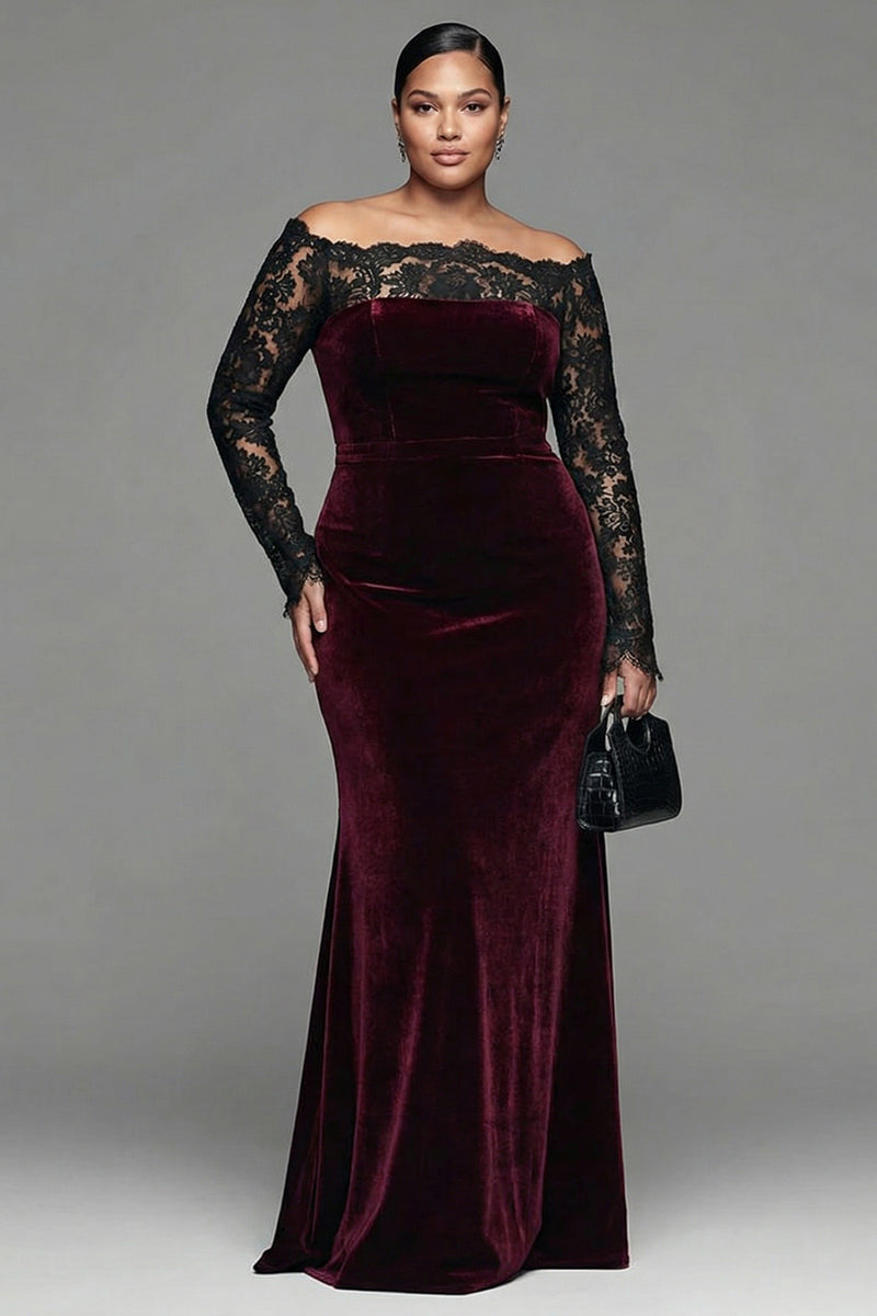 Load image into Gallery viewer, Burgundy Velvet Mermaid Long Sleeves Holiday Party Dress with Lace