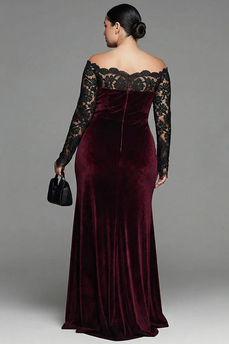 Load image into Gallery viewer, Burgundy Velvet Mermaid Long Sleeves Holiday Party Dress with Lace