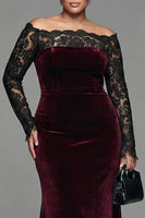 Load image into Gallery viewer, Plus Size Burgundy Velvet Off the Shoulder Long Mermaid Holiday Party Dress with Lace