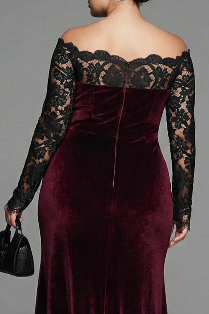 Load image into Gallery viewer, Plus Size Burgundy Velvet Off the Shoulder Long Mermaid Holiday Party Dress with Lace